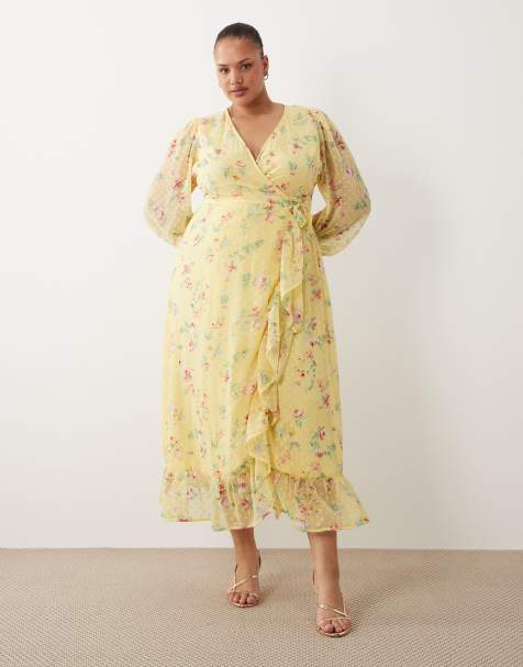Vila Curve dobby wrap maxi dress with frill detail in pastel yellow floral print