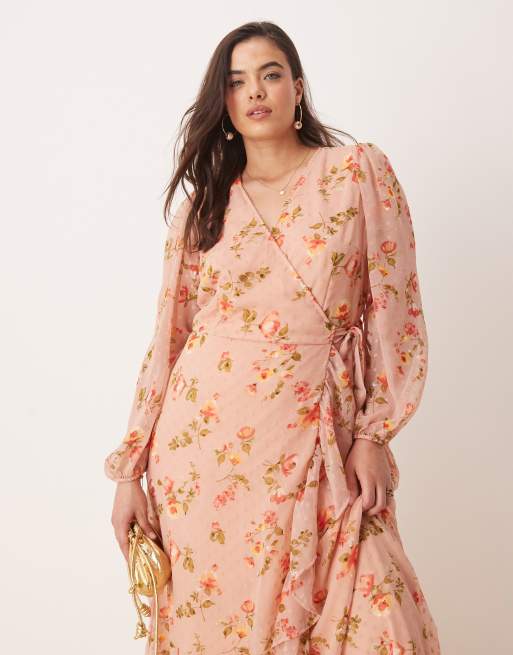 Vila Curve dobby wrap maxi dress with frill detail in rose floral print, 2 of 4