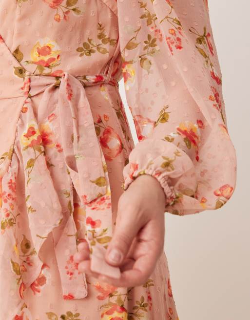 Vila Curve dobby wrap maxi dress with frill detail in rose floral print, 3 of 4