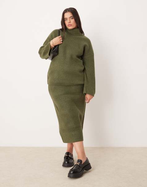 Vila Curve knitted midi skirt co-ord in khaki