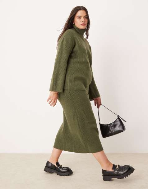Vila Curve - Ensemble jupe et pull en maille - Kaki - view 1