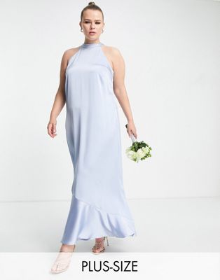 Vila Curve Exclusive Bridesmaid halterneck maxi dress in blue satin