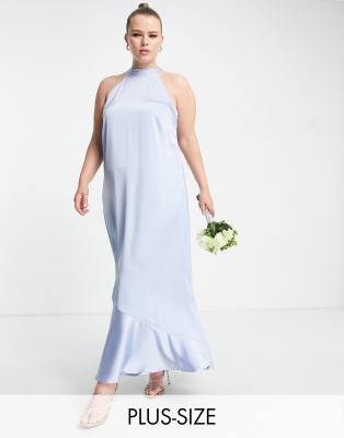 Vila Curve Exclusive Bridesmaid Halterneck Maxi Dress In Blue Satin ModeSens