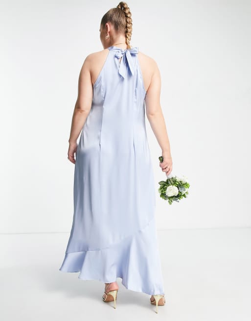 Vila Curve Exclusive Bridesmaid halterneck maxi dress in blue satin, 2 of 4