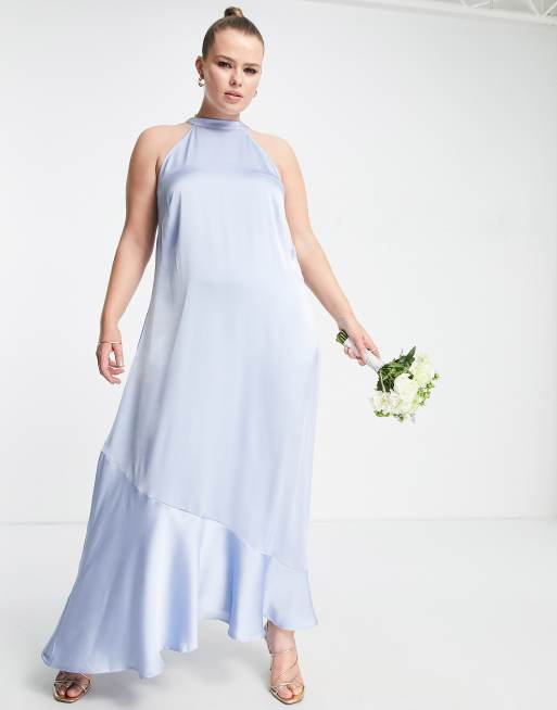 Vila Curve Exclusive Bridesmaid halterneck maxi dress in blue satin, 4 of 4