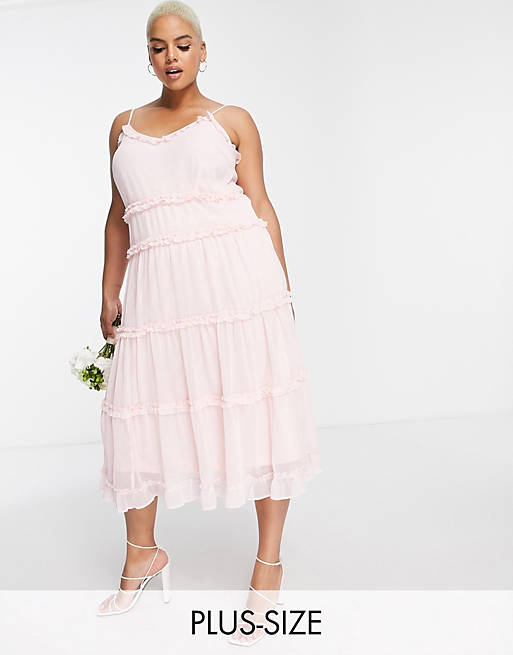 Vila Curve Exclusive Bridesmaid midi cami dress with frill detail in textured pink