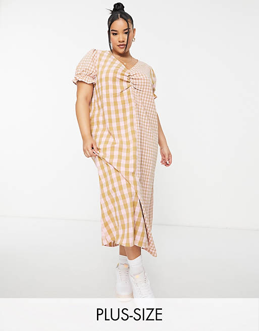 Vila Curve exclusive mixed check midi dress in pale pink