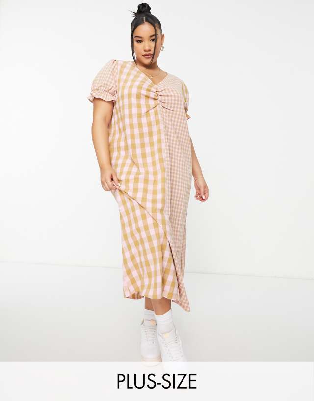 Vila Curve exclusive mixed check midi dress in pale pink