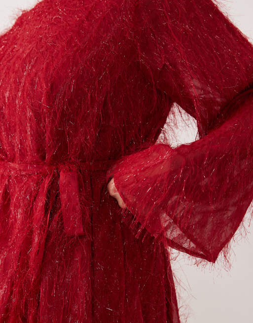 VILA – Curve – Flauschiges, strukturiertes Minikleid in Rot mit Taillenschnürung , 3 von 4