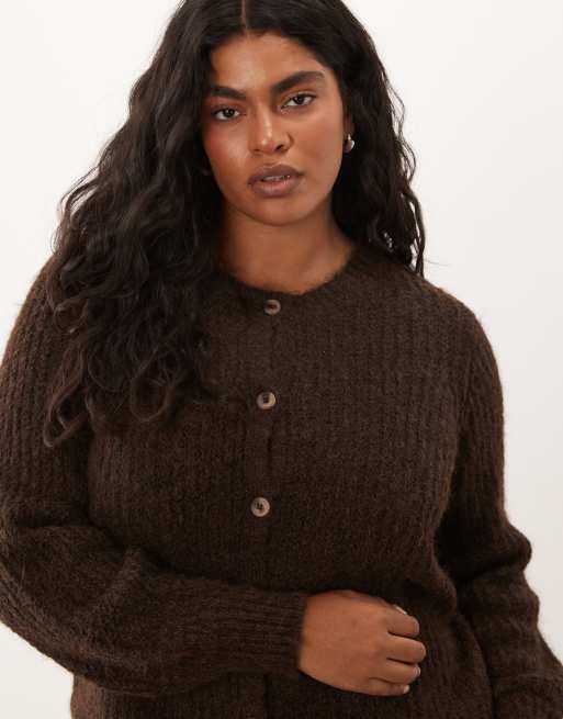 Vila Curve fluffig stickad kofta i brun, 3 av 4