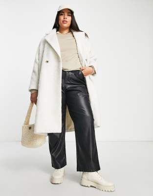 Vila Curve fluffy double breasted coat in cream  - ASOS Price Checker