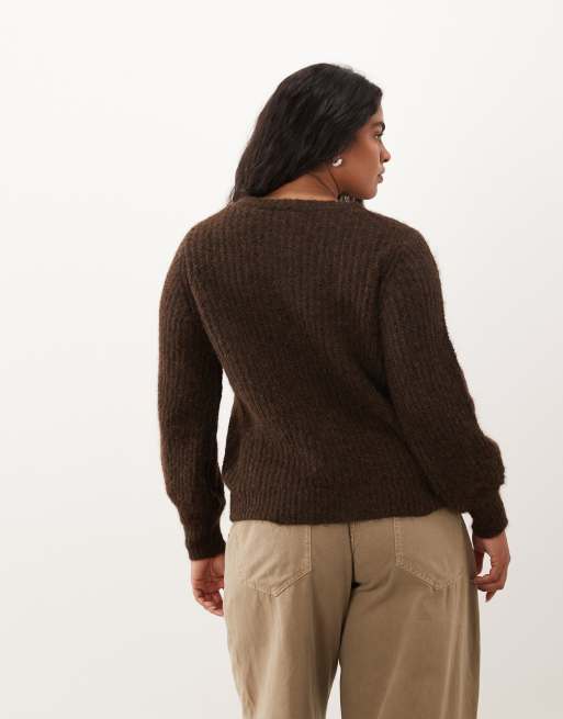 Vila Curve fluffy gebreid vest in bruin, 4 van 4