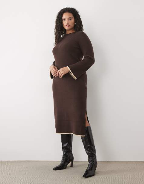 Vila Curve fluffy texture knitted midi dress with constrast tipping in chocolate brown