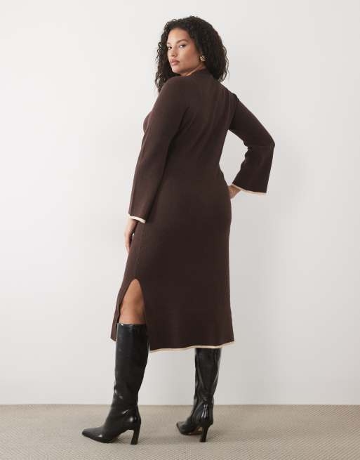 Vila Curve fluffy texture knitted midi dress with constrast tipping in chocolate brown, 2 of 4