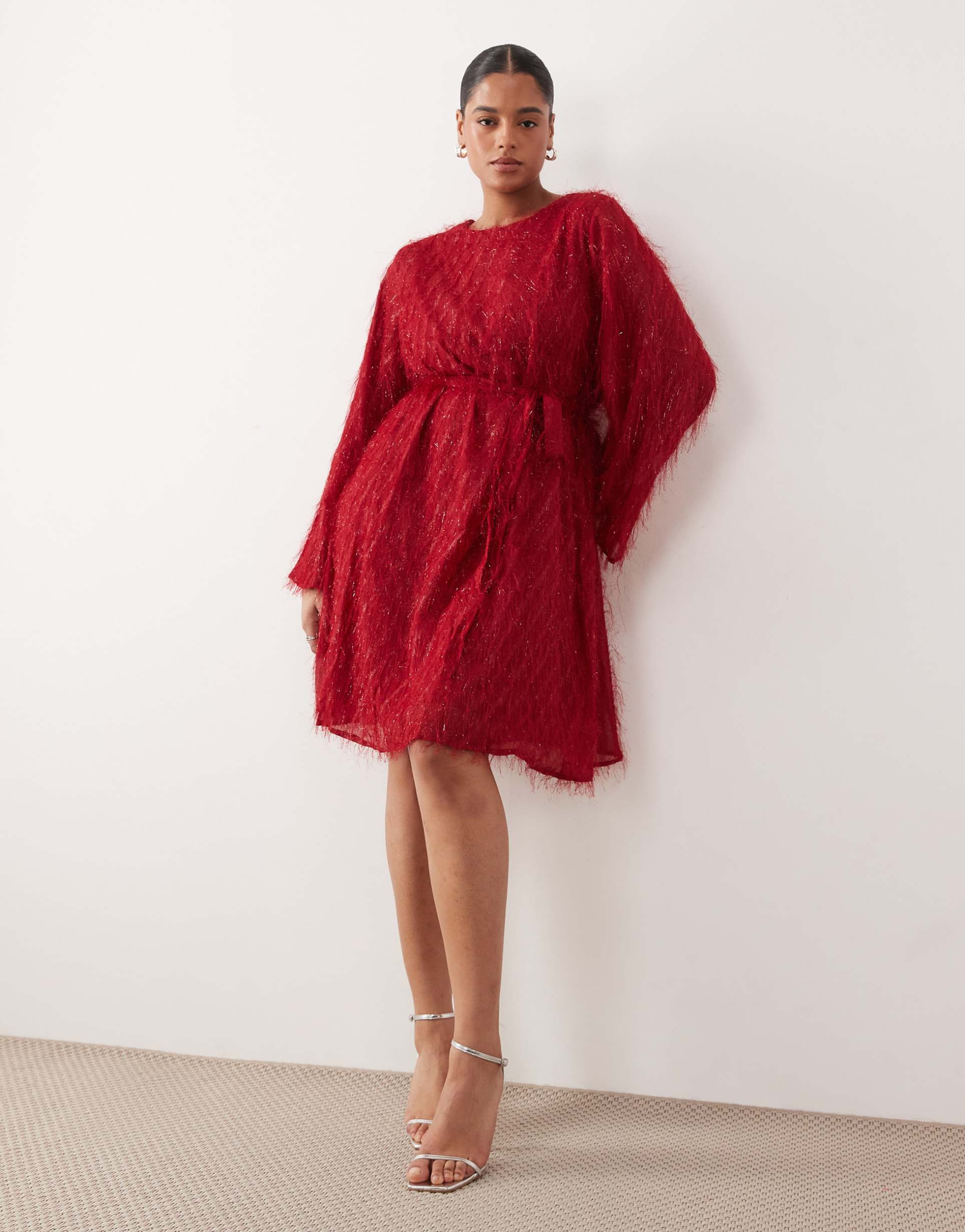 vila curve fluffy textured tie waist mini dress in red