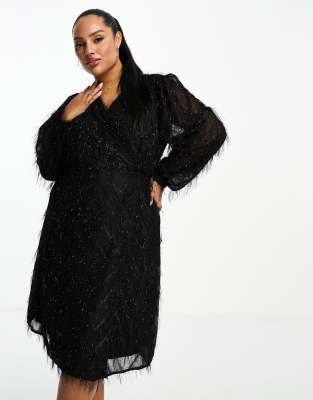 fluffy textured wrap mini dress in black