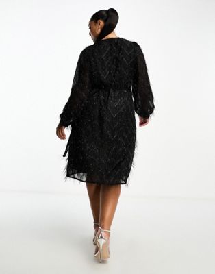 Vila Curve fluffy textured wrap mini dress in black
