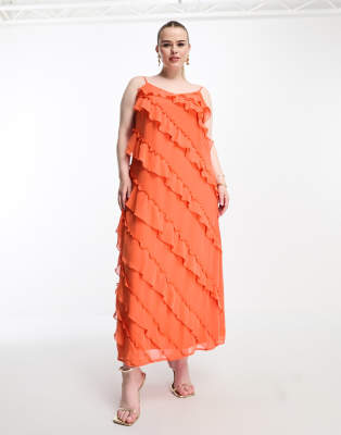 Vila Curve Vila Curve frill detail maxi cami dress in orange