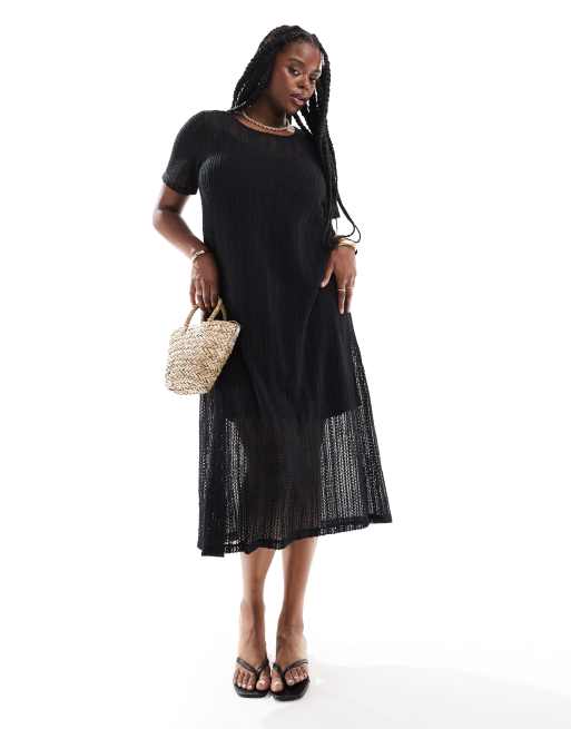 Vila Curve – Gehäkeltes T-Shirt-Maxikleid in Schwarz