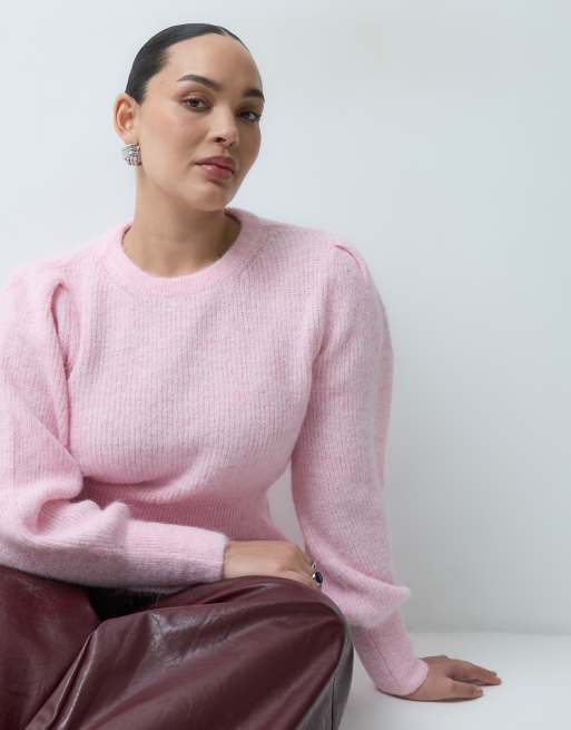 Vila Curve gerippter Strickpullover mit Schößchensaum in Ballettrosa, 5 von 5