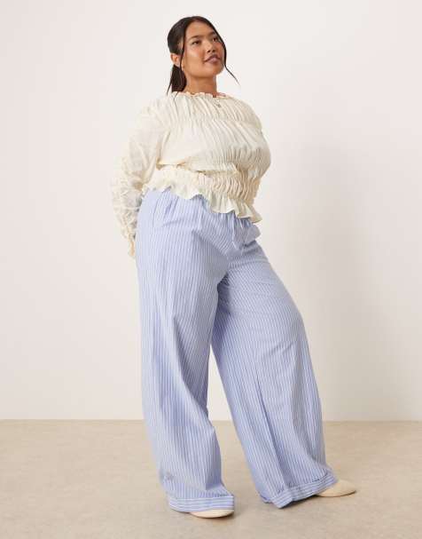 VILA Curve - Gestreepte broek met hoge taille, wijde pijpen en boorden met omslag in blauw - view 1