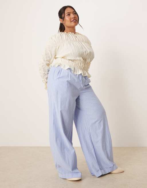 VILA Curve - Gestreepte broek met hoge taille, wijde pijpen en boorden met omslag in blauw