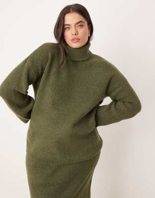 VILA Curve - Gestrickter Rollkragenpullover in Khaki, Kombiteil-Grün