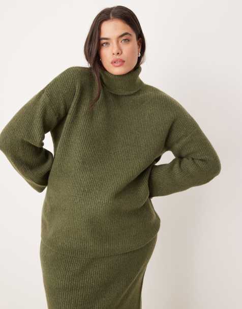 VILA Curve – Gestrickter Rollkragenpullover in Khaki, Kombiteil - view 1