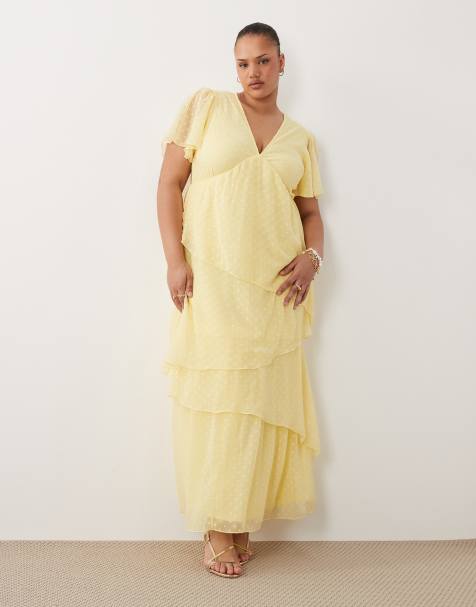 VILA Curve – Gestuftes, knöchellanges Kleid aus Dobby-Stoff in Blassgelb - view 1