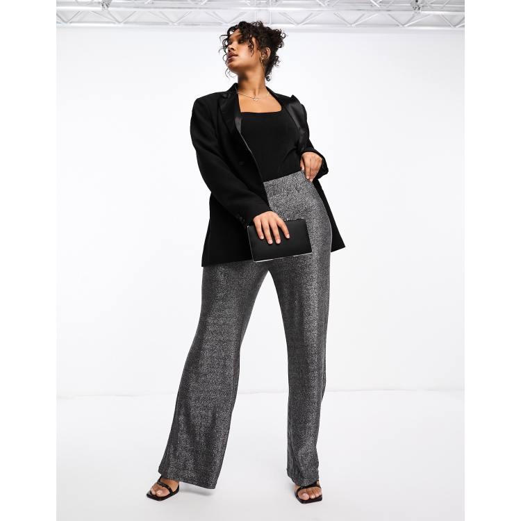 Vila Curve glitter wide leg flared pants in silver