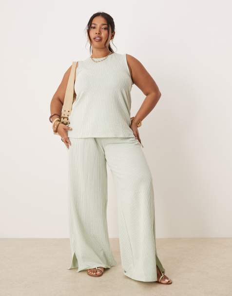 VILA Curve – Grönt och gräddvitt, strukturrandigt set med ärmlös topp med knytning i sidan och vida byxor - view 1