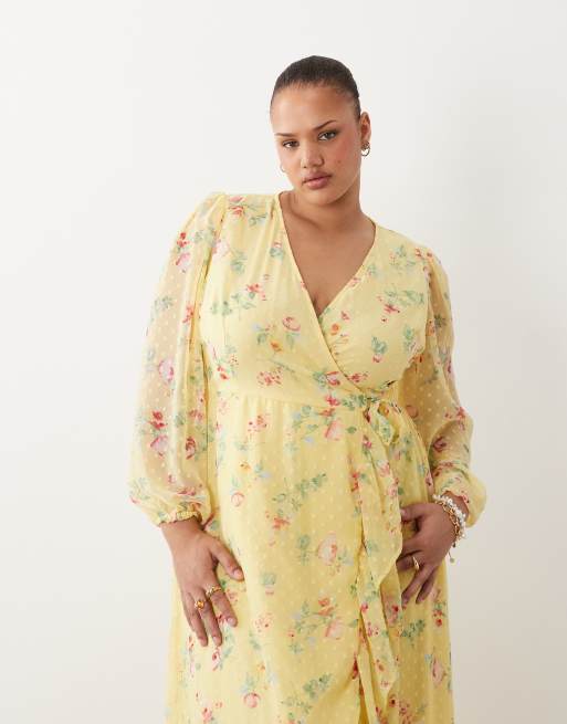 Vila Curve – Gul, blommig, dobbyvävd maxiklänning med omlottdesign och volangdetalj, 2 av 4