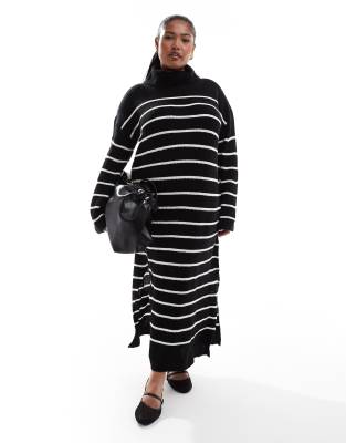 high neck knit maxi dress in black and white stripe