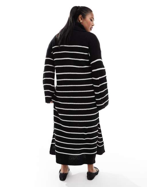 Vila Curve High Neck Knit Maxi Dress in Black and White Stripe