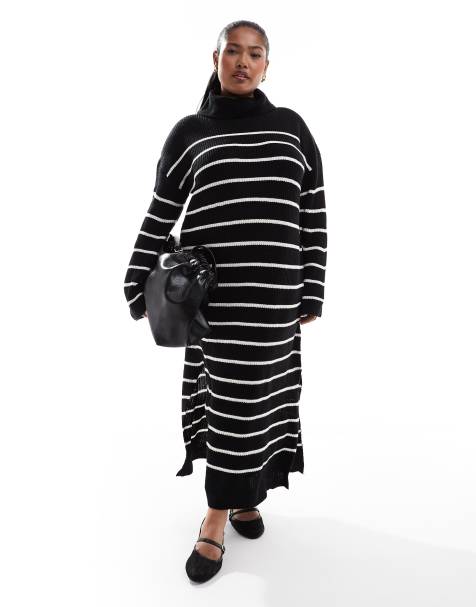 Vila Curve high neck knitted maxi dress in black and white stripe - view 1