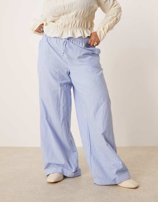 VILA Curve high rise wide leg striped dad pants with turn-up cuff in blue, 2 of 5