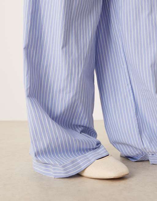 VILA Curve high rise wide leg striped dad pants with turn-up cuff in blue, 3 of 5