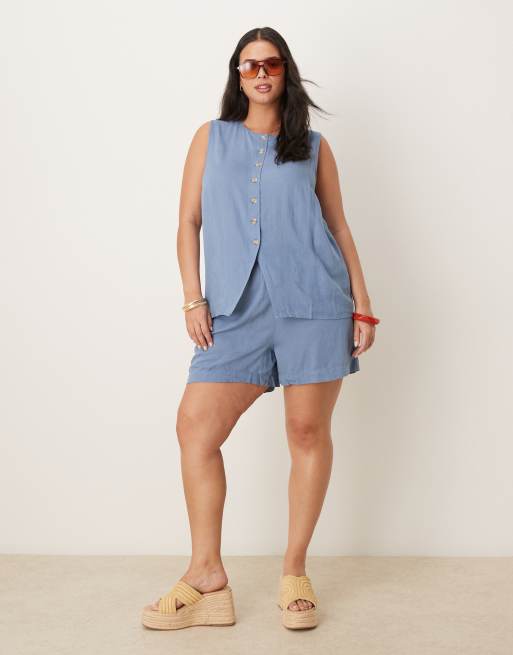 VILA Curve high waisted full shorts in chambray blue (part of a set), 4 of 5