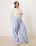 [Vila Curve] Vila Curve highwaist wide leg stripe dad pant with turn up cuff in blue 46 Coronet blue