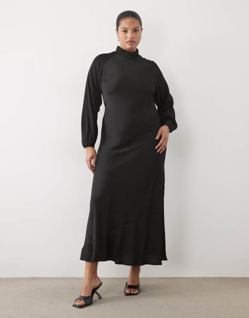 Vila Curve højhalset langærmet satin maxikjole i sort, 2 af 4