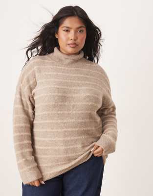 VILA Curve - Hochgeschlossener, strukturierter Strickpullover in Beige mit farblich abgestimmten Streifen-Neutral