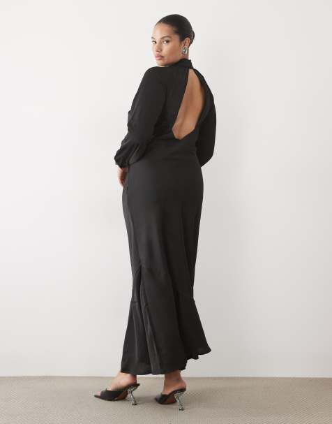 Vila Curve hochgeschlossenes langärmliges Satin-Maxikleid in Schwarz - view 1