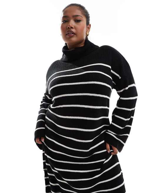 Vila Curve – Hochgeschlossenes Maxi-Strickkleid in Schwarz mit weißen Streifen, 2 von 4
