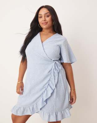 Vila Curve Jersey Broderie Wrap Mini Dress In Blue