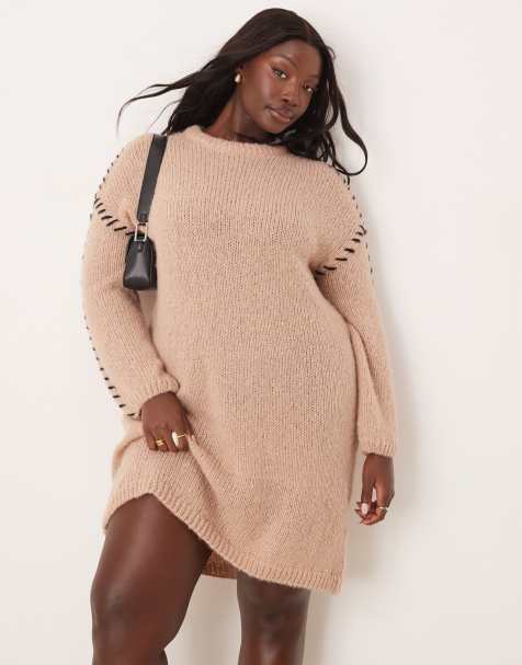 Vila Curve knit mini sweater dress with contrast stitch in beige - view 1
