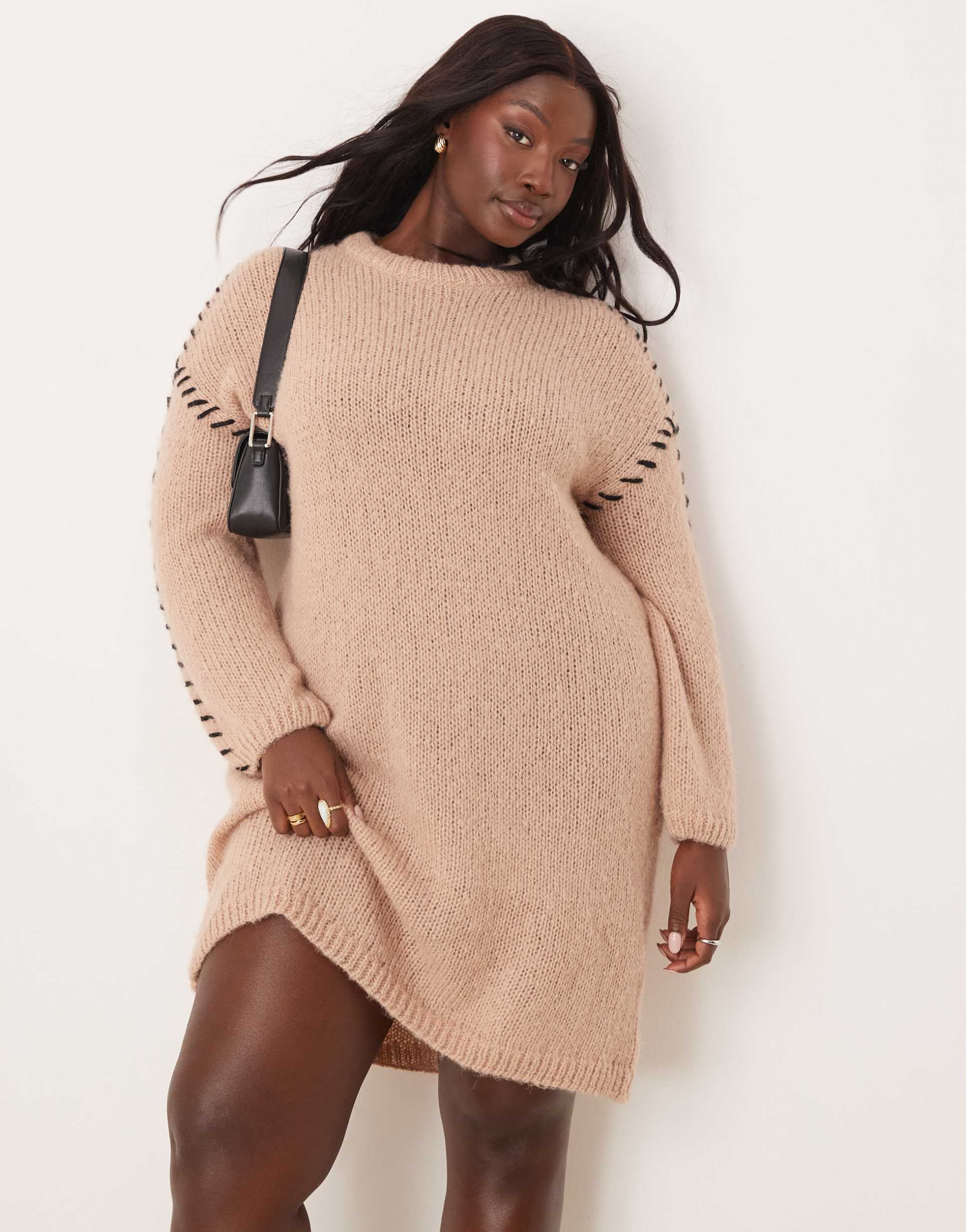 vila curve knit mini sweater dress with contrast stitch in beige