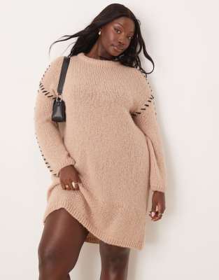 Vila Curve knitted jumper mini dress with contrast stitch in beige-Neutral φωτογραφία