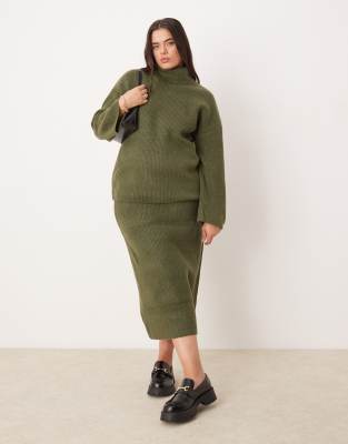 Vila Curve Vila Curve knitted midi skirt co-ord in khaki-Green