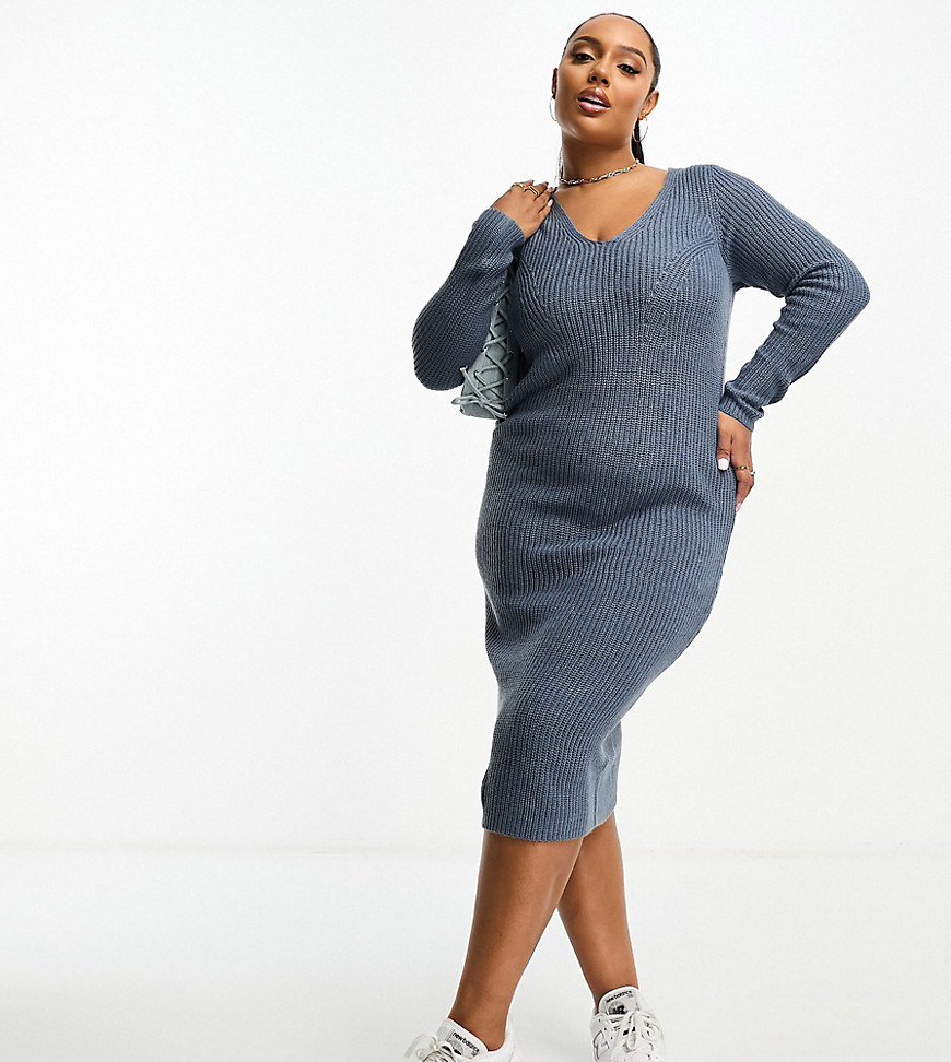 knitted v neck sweater midi dress in blue
