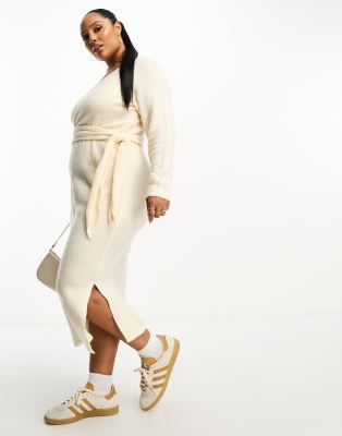 Vila Curve Vila Curve knitted wrap midi dress in cream-White